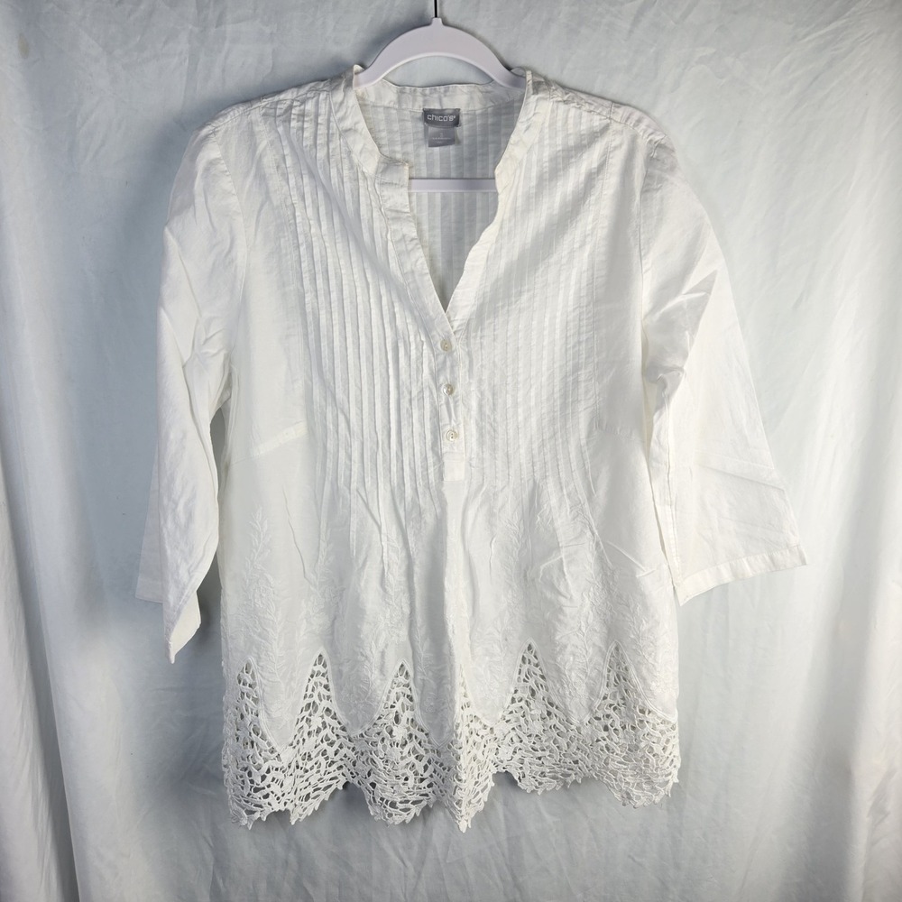 Chicos Cotton White Pintuck Lace Hem Tunic Blouse 2 Large Embroidered Coastal